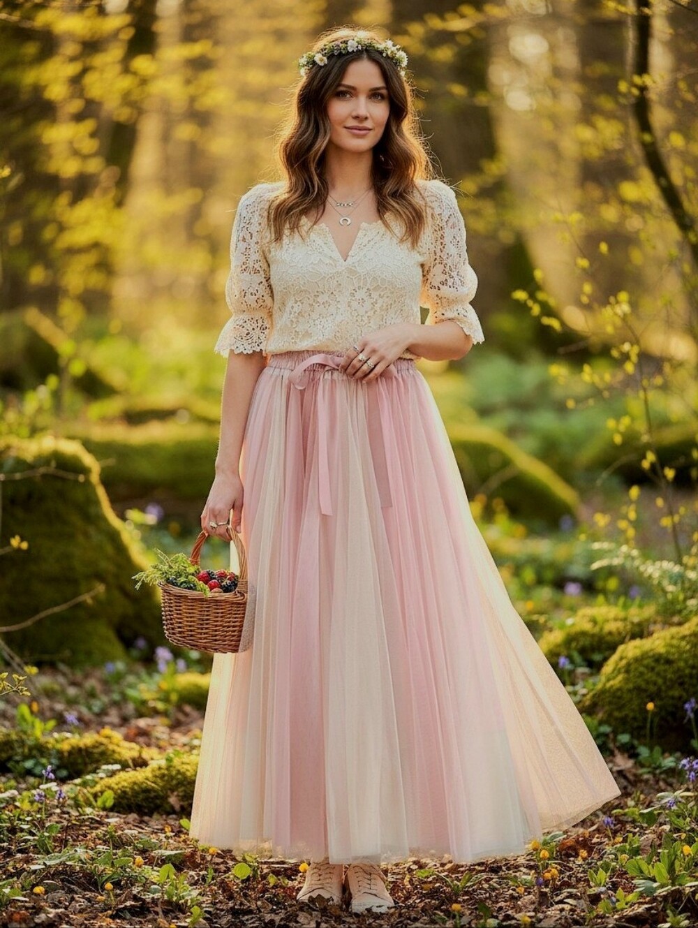 Rebel and Leigh Two-Tone Colorblock Tulle Maxi Skirt - Dusty Pink and Lite Cream
